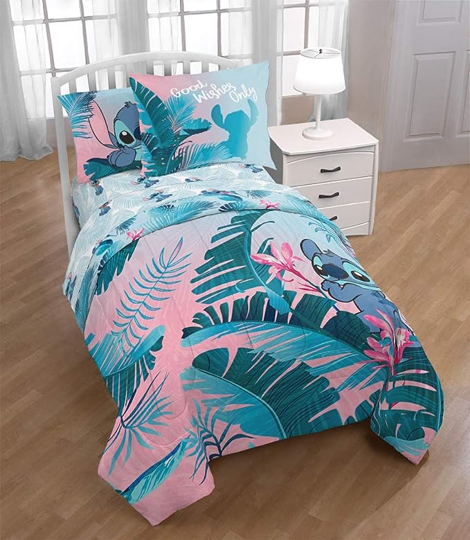 Jay Franco Disney Lilo & Stitch Floral Fun Twin Comforter & Sham Set - Super Soft Kids Reversible Bedding - Fade Resistant Microfiber (Official Disney Product)