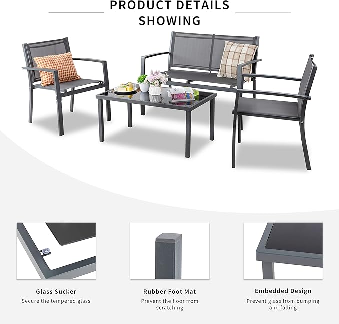 Shintenchi 4 Pieces Patio Furniture Set, Modern Design, Durable Steel Frame, Comfortable Textile Cushions, Easy to Move and Clean