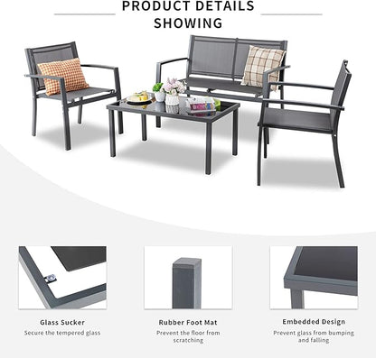 Shintenchi 4 Pieces Patio Furniture Set, Modern Design, Durable Steel Frame, Comfortable Textile Cushions, Easy to Move and Clean