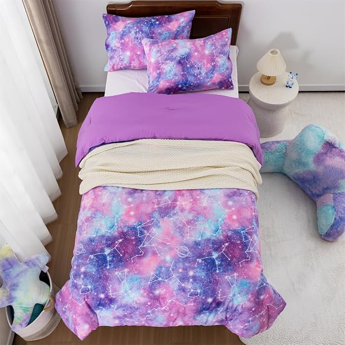 Holawakaka Tie Dye Galaxy Constellation Print Ombre Comforter Set Twin/Twin XL Size Girls Gradient Space Stars Dorm Bedding Set (Purple,Twin)