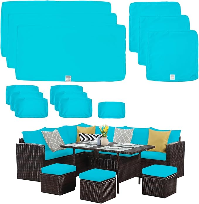 ClawsCover 13Pack Outdoor Seat and Back Cushions Replacement Covers Fit for 7Pieces Wicker Rattan Patio Furniture Set Sectional Couch with Dining Table and Ottoman,Turquoise-Include Cover Only