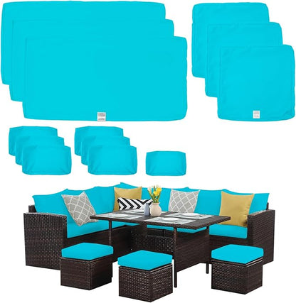 ClawsCover 13Pack Outdoor Seat and Back Cushions Replacement Covers Fit for 7Pieces Wicker Rattan Patio Furniture Set Sectional Couch with Dining Table and Ottoman,Turquoise-Include Cover Only