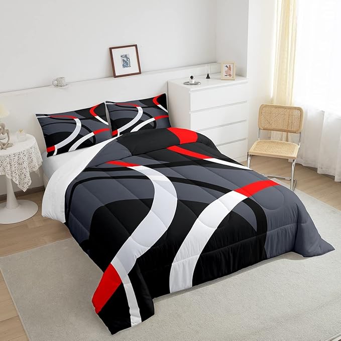 Feelyou Geometric Circle Comforter Set Red Grey and Black Comforter for Kids Boys Girls Teens Geometry Bedding Set Breathable Abstract Art Duvet Set Modern Luxury Room Decor Quilt Set King Size