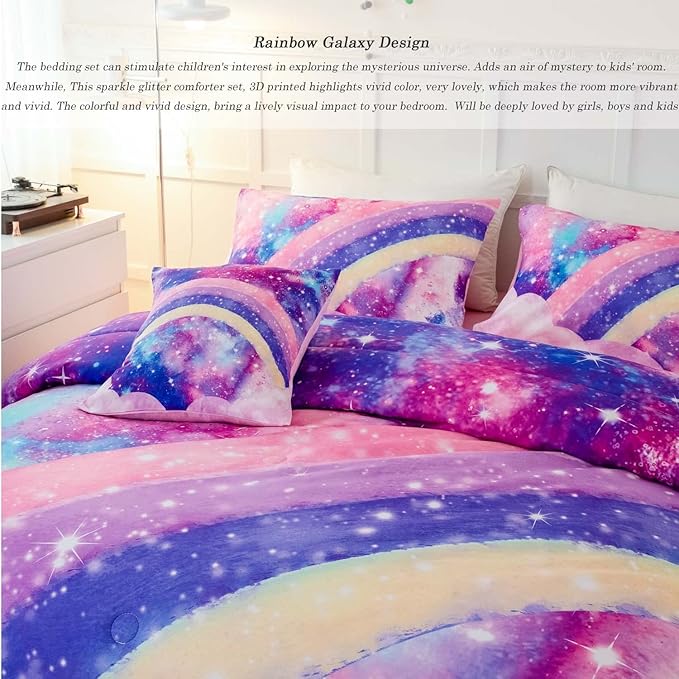 6Pcs Teen Pink Bedding Set Full for Girls, 3D Tie Dye Comforter Pink Colorful Rainbow Kids Comforter Set, Ultra Soft Pastle Nebula Printed Bed in A Bag with Sheets