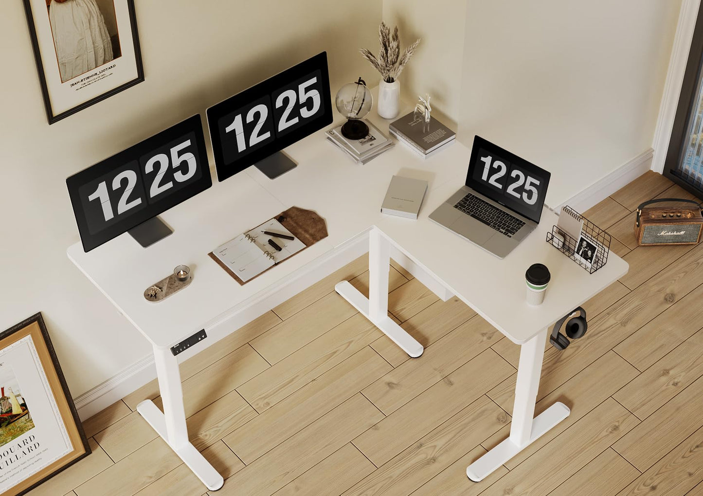 Claiks L Shaped Standing Desk Adjustable Height, Dual Motor Electric Corner Standing Desk, 63x55 inch Sit Stand up Desk with Splice Board, White