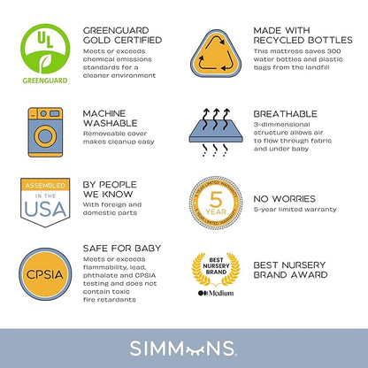 Simmons Kids Foundry 6-in-1 Convertible Baby Crib, Rustic Grey with Matte Black + Quiet Nights Breathable Crib Mattress with Removable/Machine Washable Cover (Bundle)