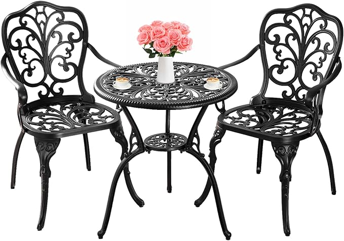 Bistro Table and Chairs Set of 2 Outdoor 3 Piece Bistro Sets Cast Aluminum Patio Bistro Set with Umbrella Hole, Patio Set for Garden, Black