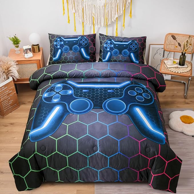 NTBED Game Console Comforter Set for Boys Girls Kids 3D Gaming Geometric Lightweight Microfiber Bedding Sets (Multi, Full)