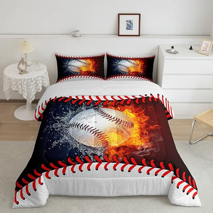 Erosebridal Baseball Comforter Set Kids Baseball Queen Bedding Set for Teen Boys Sports Games Bedding Comforter Sets Red Blue Water Fire Quilted Duvet Sport Theme Bedroom Dorm Decor 2 Pillowcases
