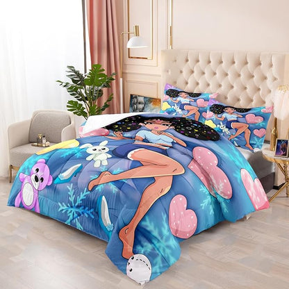 Black Girl Comforter Set - Full Size Comforter Set for Girls Bedroom Decor African American Girl Bedding Set Blue Full Quilt Set with 2 Pillowcases Kids Comforter Sets Gifts for Girls Kids Teens