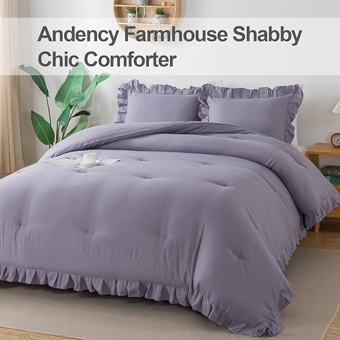 Andency Grayish Purple California King Comforter Set, 3 Pieces Cal King Ruffle Purple Comforter, Lightweight Oversized Farmhouse Shabby Chic Soft Microfiber Bedding Comforter Set (104x96Inch)