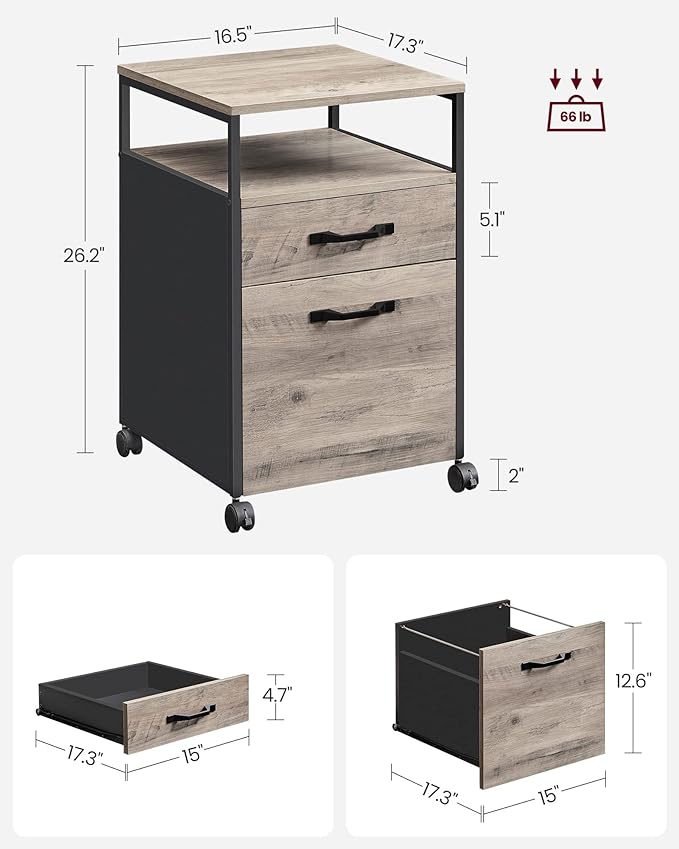 VASAGLE File Cabinet, Mobile Filing Cabinet with Wheels, 2 Drawers, Open Shelf, for A4, Letter Size, Hanging File Folders, Heather Greige and Ink Black UOFC071B02