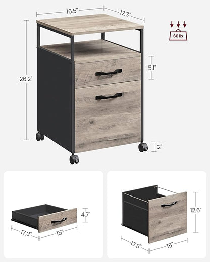 VASAGLE File Cabinet, Mobile Filing Cabinet with Wheels, 2 Drawers, Open Shelf, for A4, Letter Size, Hanging File Folders, Heather Greige and Ink Black UOFC071B02
