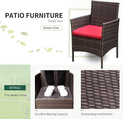 Greesum 3 Pieces Patio Furniture Sets Outdoor PE Rattan Wicker Chairs with Soft Cushion and Glass Coffee Table for Garden Backyard Porch Poolside, Brown and Red