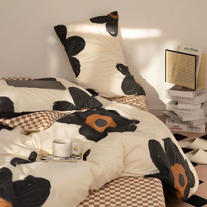 Black and White Comforter Set Black Floral Bedding King Comforter Set Hand-Drawn Flowers Cotton Women Modern Elegant Chic Quilts Blankets Lightweight Black Flower Reversible Bed Comforter Set