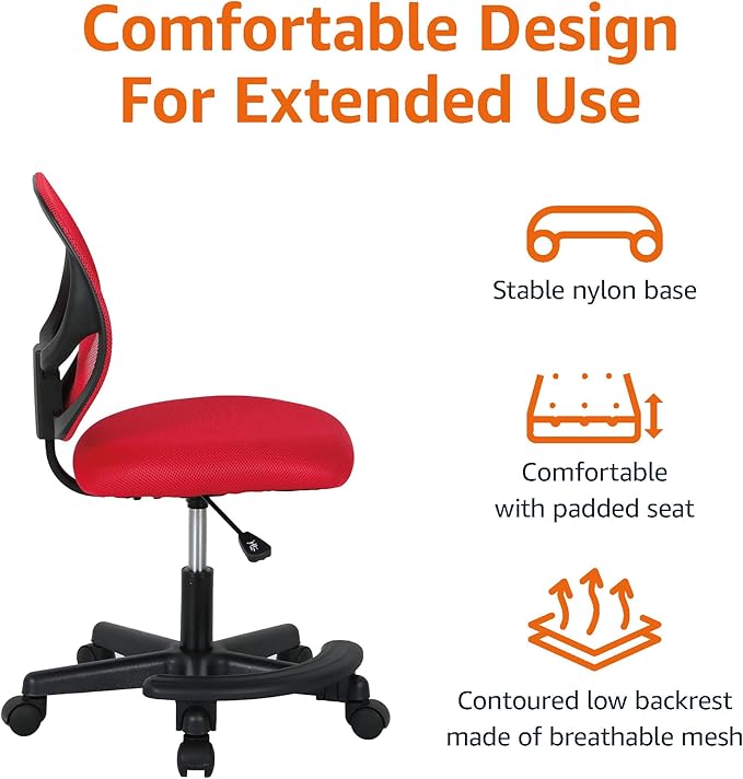 Amazon Basics Kids Adjustable Mesh Low-Back Swivel Study Desk Chair with Footrest, Red