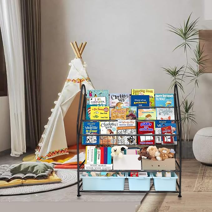 aboxoo Metal Kids Bookshelf Black Large Freestanding for Children Room 32 in Toy Organizer Large Stable Bookcase Bookstore Library Book Unit Storage Kids Bed Living Room