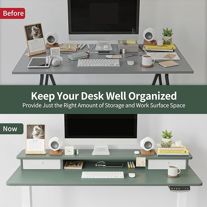 FEZIBO 40 x 24 Inch Height Adjustable Electric Standing Desk with Double Drawer, Stand Up Desk with Storage Shelf, Sit Stand Desk, Green