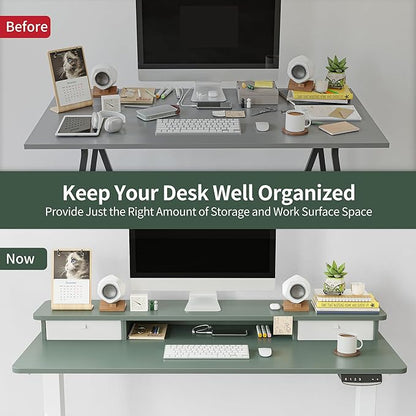 FEZIBO 40 x 24 Inch Height Adjustable Electric Standing Desk with Double Drawer, Stand Up Desk with Storage Shelf, Sit Stand Desk, Green