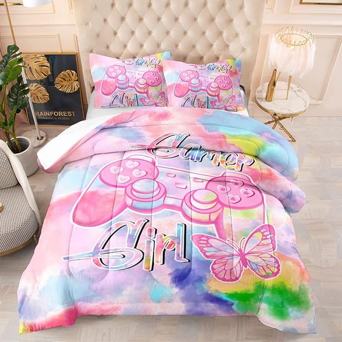 Gamer Bedding Sets for Girl Gaming Comforter Sets Twin Size Rainbow Tie Dye Bedroom Decor Teens Boy Kids Gamepad Bed Set Modern Game Controller Quilt Bedding