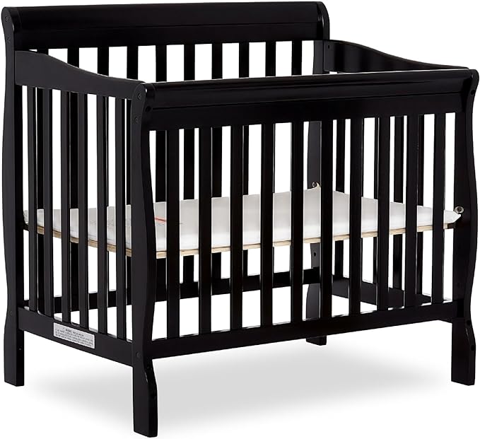 Aden 4-in-1 Convertible Mini Crib In Black, Greenguard Gold Certified, Non-Toxic Finish, New Zealand Pinewood, With 3 Mattress Height Settings