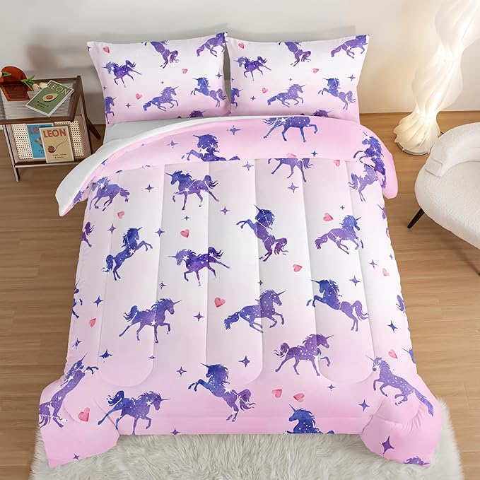 HOSIMA Kawaii Unicorn Comforter,Purple Unicorn with Stars and Love Heart Princess Toddler Bedding Set-Soft Microfiber King Size Comforter Set,Fairycore Room Decor Pink Comforter with 2 Pillowcases.