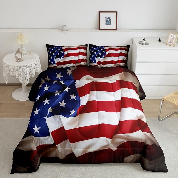 Erosebridal American Flag Comforter Set, United States Down Comforter King Size for Kids Boys Teens, USA Federations Stars Bedding Set Geometric Stripes Quilted Duvet for Bedroom, Blue White and Red