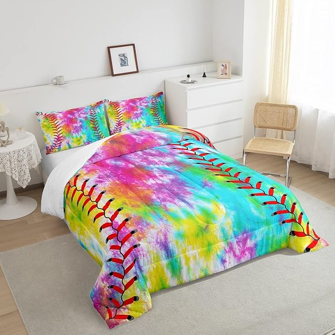 Feelyou Kids Baseball Comforter Boys Girls Softball Sports Game Comforter Set Girly Colorful Tie Dye Bedding Set Teens Men Baseball Gaming Quilt Set Rainbow Room Decor King Size for All Season 3Pcs