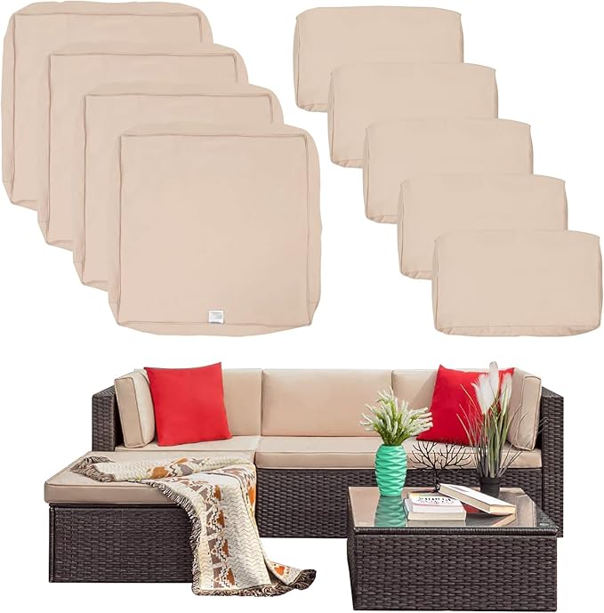 ClawsCover 9Pack Outdoor Seat and Back Cushions Replacement Covers Fit for 5 Pieces 4-Seater Wicker Rattan Furniture Patio Conversation Set Sectional Couch,Light Khaki-Include Cover Only (Large)