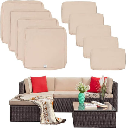 ClawsCover 9Pack Outdoor Seat and Back Cushions Replacement Covers Fit for 5 Pieces 4-Seater Wicker Rattan Furniture Patio Conversation Set Sectional Couch,Light Khaki-Include Cover Only (Large)