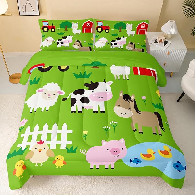 Farm Animal Comforter,Pig Cow Sheep Comforter Set for Kids Teens Girls Boys,3Pcs Bedding Set Printed Comforter with 2 Pillowcases,Down Alternative,Soft and Lightweight，Queen Size