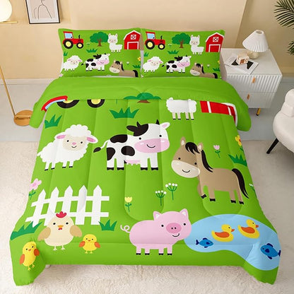 Farm Animal Comforter,Pig Cow Sheep Comforter Set for Kids Teens Girls Boys,3Pcs Bedding Set Printed Comforter with 2 Pillowcases,Down Alternative,Soft and Lightweight，Queen Size