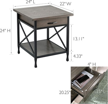 Leick Home 23007 Chisel & Forge One Drawer X Design Mixed Metal and Wood Side Table with Shelf, Smoke Gray and Matte Black, 22 in x 24 in x 24 in