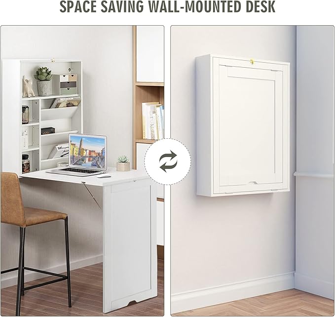 Wall Mounted Table w/Classified Storage Space, Foldable Multiple-Purpose Desk, Sturdy Wood Structure, White