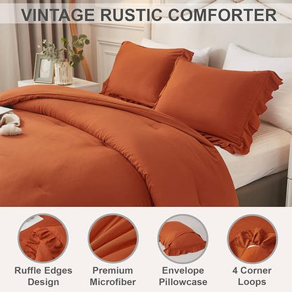 Andency Terracotta Ruffle Comforter King(104x90Inch), 3 Pieces(1 Ruffled Comforter and 2 Pillowcases) Solid Farmhouse Shabby Chic Comforter, Vintage Rustic Soft Microfiber Bedding Set
