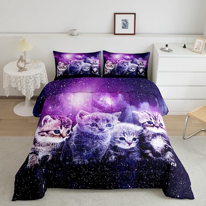 Cat Comforter Cute Pet Cats Pattern Bedding Set Outer Space Kawaii Kitten Comforter Set for Children Kids Boys Girls 3D Animal Theme Galaxy Duvet Set Room Decor Quilt Set Full Size