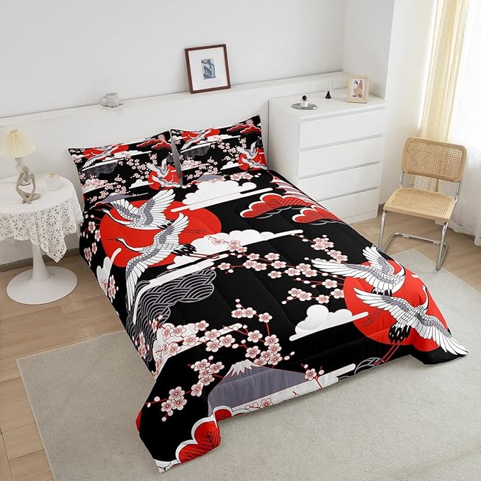 Japanese-Style Comforter Set Twin Size Crane Printed Cherry Blossoms Decor Down Comforter, for Adult Women Girls Teens Japanese Traditional Pattern Quilted Duvet Ukiyoe Theme Bedding Comforters
