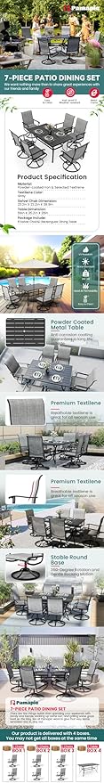 Pamapic 7 Pieces Patio Dining Set, Outdoor Dining Set All-Weather for Backyard Poolside Garden Deck, Modern Outdoor Table and Chairs Set with 6 Textilene Swivel Chairs,Gray