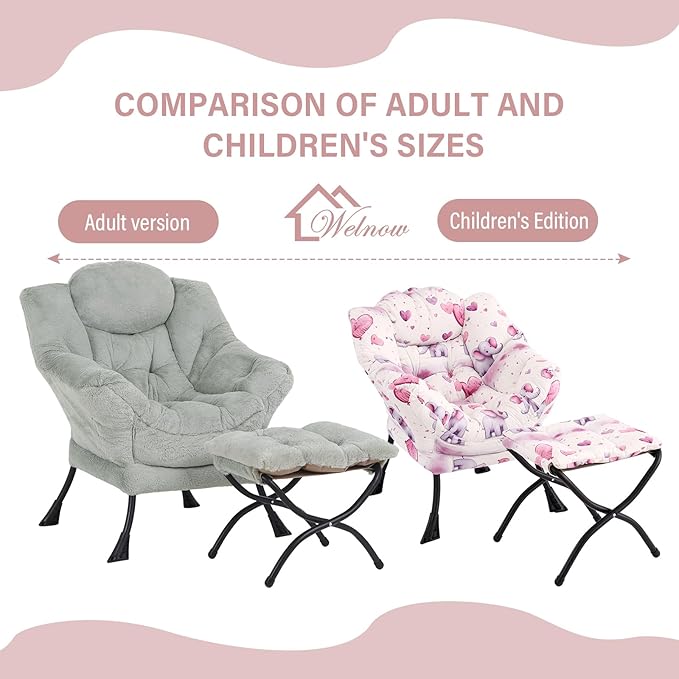 Welnow Toddler Kids Lazy Chair with Ottoman, Glow in The Dark Accent Comfy Lounge Children Armchair Couch with Removable Cover, Detachable Reading Chair with Footrest for Boy or Girl, Pink Elephant