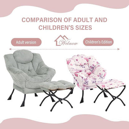 Welnow Toddler Kids Lazy Chair with Ottoman, Glow in The Dark Accent Comfy Lounge Children Armchair Couch with Removable Cover, Detachable Reading Chair with Footrest for Boy or Girl, Pink Elephant