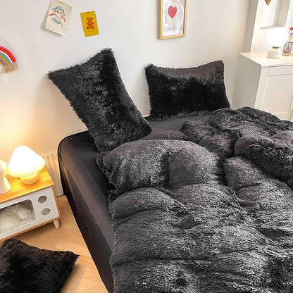 Faux Fur Kids Girls Black Comforter Sets King - 3PC Bed Set Warm Comfortable Soft Plush Flannel Velvet Fluffy Fuzzy Bedding（Comforter x 1 Pillowcases x 2）