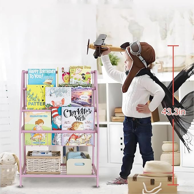 aboxoo Kids Bookshelf Small Toddler Freestanding for Children Room 18 inches Metal Bookcase Toy Organizer Pink Stable Bookcase Bookstore Library Book Unit Storage for Small Place