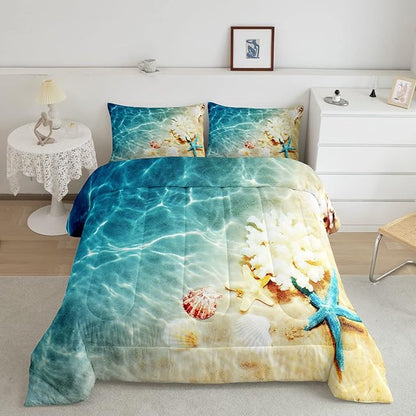 Ocean Comforter Set Twin Beach Bedding Set Coastal Nature Theme Teal Duvet Set Boys Girls Hawaiian Quilt Sets Sea Wave Animals Shell Starfish Reversible Comforter Set 1 Pillowcase, Blue Room Decor
