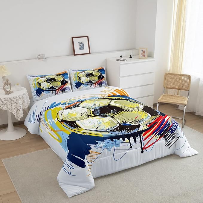 Erosebridal Boys Soccer Comforter Set Full Size Kids Football Bedding Set Sports Games Bedding Comforter Sets for Teen Girls Room Decor Colorful Hip Hop Graffiti Quilt Duvet Insert 2 Pillow Cases