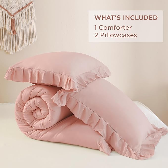 Andency Blush Pink Ruffle Comforter Full, 3 Pieces Rustic Farmhouse Shabby Chic Comforter Set, Vintage Lightweight Soft Microfiber Down Alternative Bedding Comforter Set