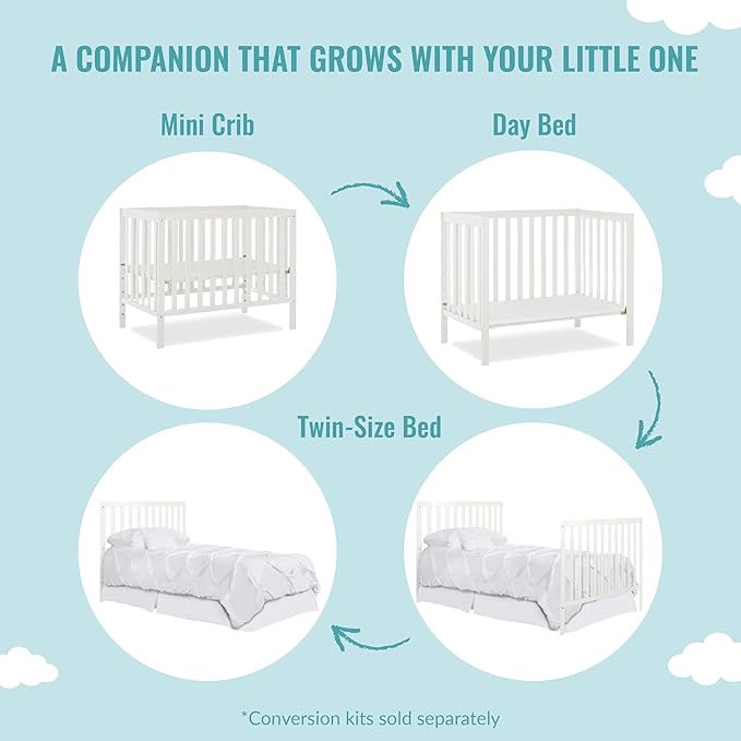 Edgewood 4-In-1 Convertible Mini Crib In White, JPMA Certified, Non-Toxic Finish, New Zealand Pinewood, With 3 Mattress Height Settings, Included 1" Mattress Pad