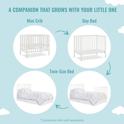 Edgewood 4-In-1 Convertible Mini Crib In White, JPMA Certified, Non-Toxic Finish, New Zealand Pinewood, With 3 Mattress Height Settings, Included 1" Mattress Pad