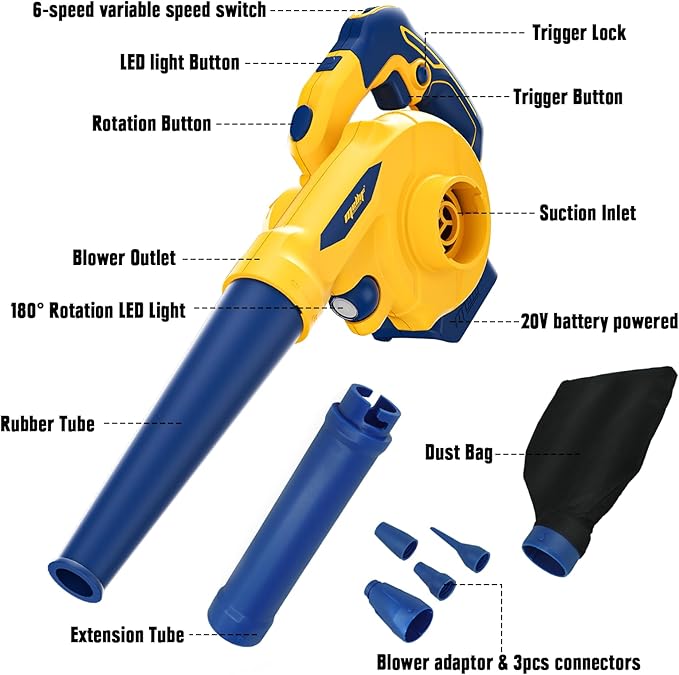 Mellif Leaf Blower for Dewalt 20V MAX Battery(No Battery), Rotatable Brushless Blower/Cordless Vacuum Cleaner/Air Pump for Inflatables, 6 Variable Speed, 180° Adjustable Blower Tube, for Lawn/Yard