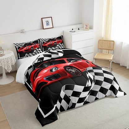 Boys Race Car Comforter Set Full Size,Black White Checkered Geometric Bedding Set 3pcs for Kids Teens Boys Men,Extreme Sport Games Race Flag Quilt Set,Cartoon Fashion Duvet Insert,2 Pillowcases