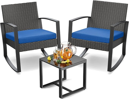 Patio Furniture Set 3 Pieces, Rattan Rocking Patio Chairs, Modern Outdoor Bistro Table and Chairs Conversation Set for Balcony Porch Garden Yard Poolside, Blue